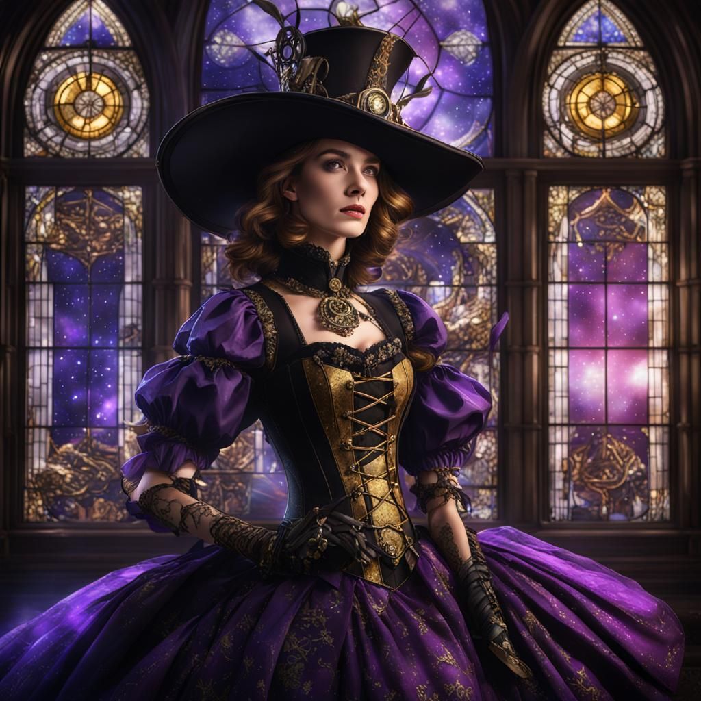 Steampunk Witch with Galaxy Stained-Glass Window