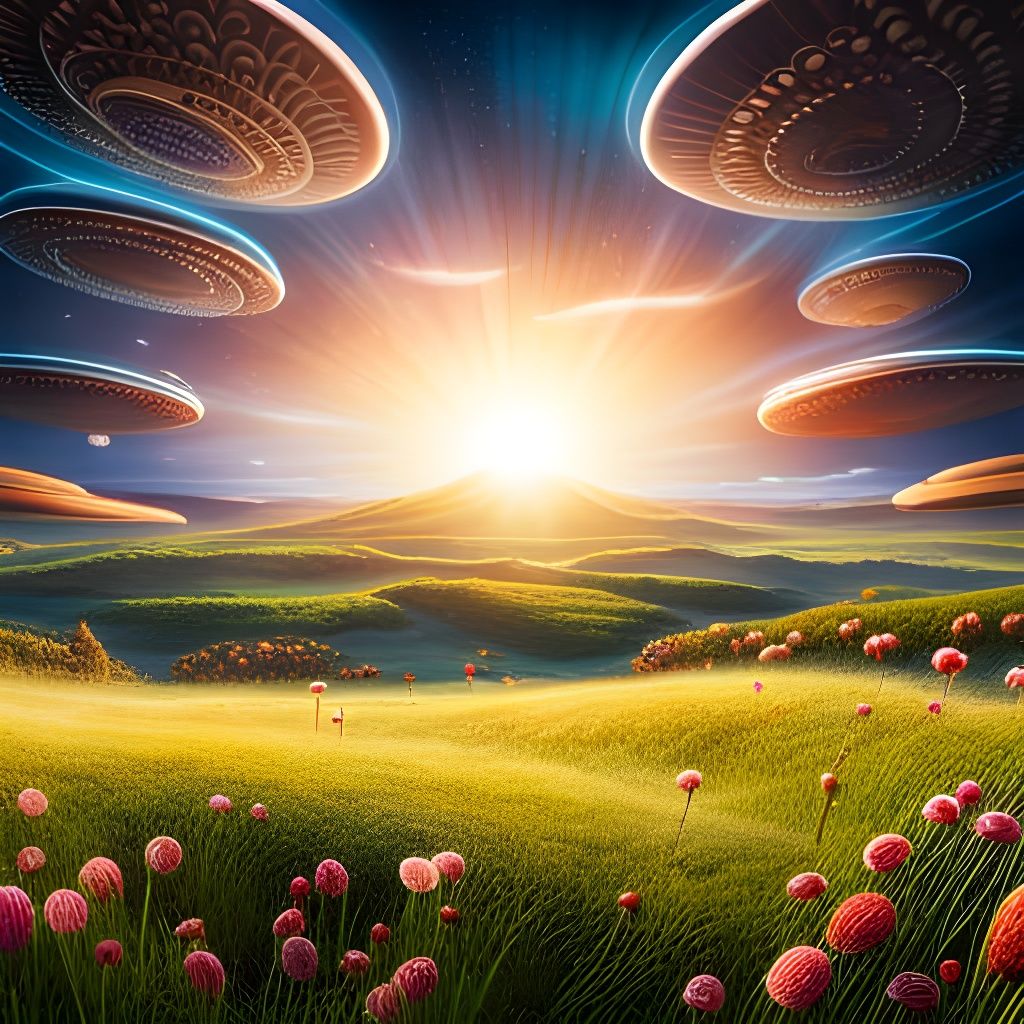 Whimsical UFOs Discovering Crop Circles in Enchanted Field