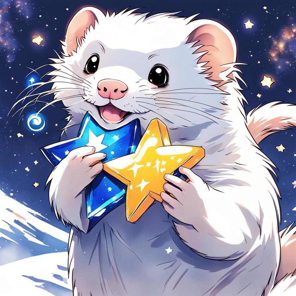 Happy Ferret Holding a Star in Anime Style