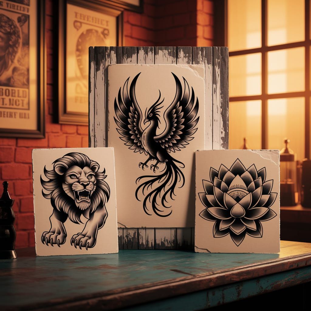 Bold Tattoo Designs in Vintage Tattoo Shop Setting