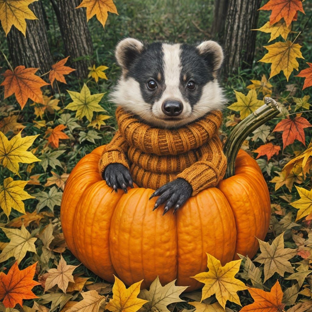 Badger in a Vibrant Autumn Gourd