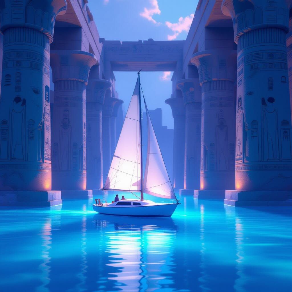 Ethereal Sailboat Among Ancient Columns