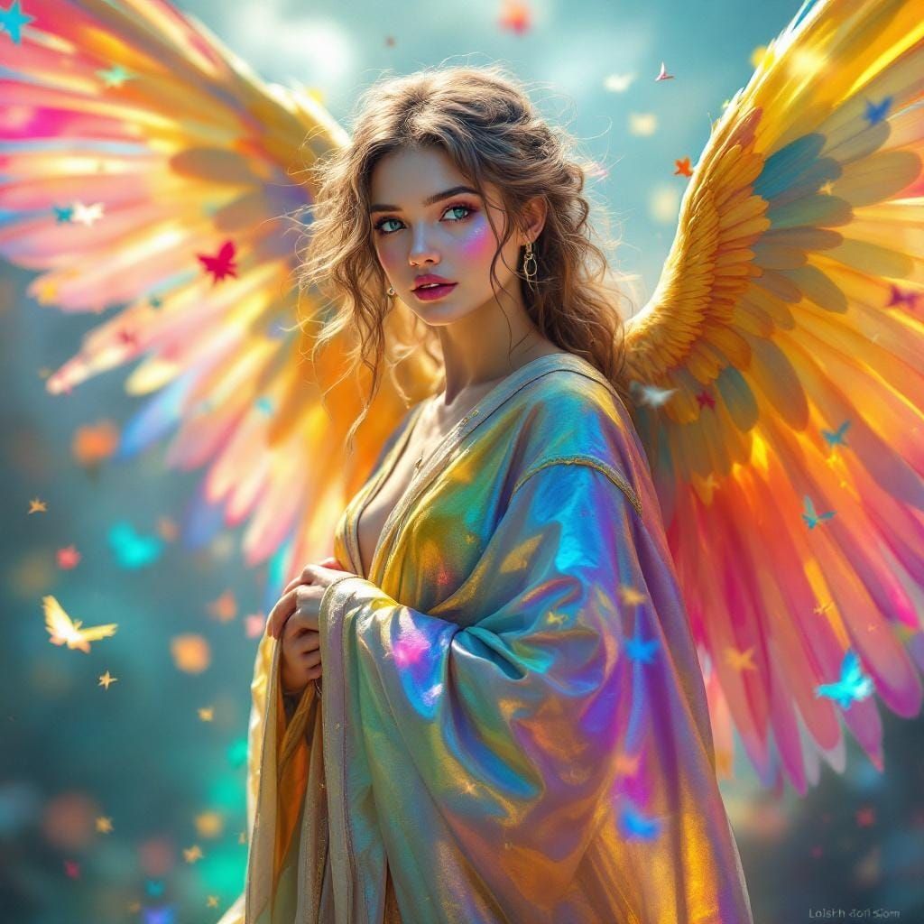 Iridescent Angel in a Whimsical Fantasy Landscape
