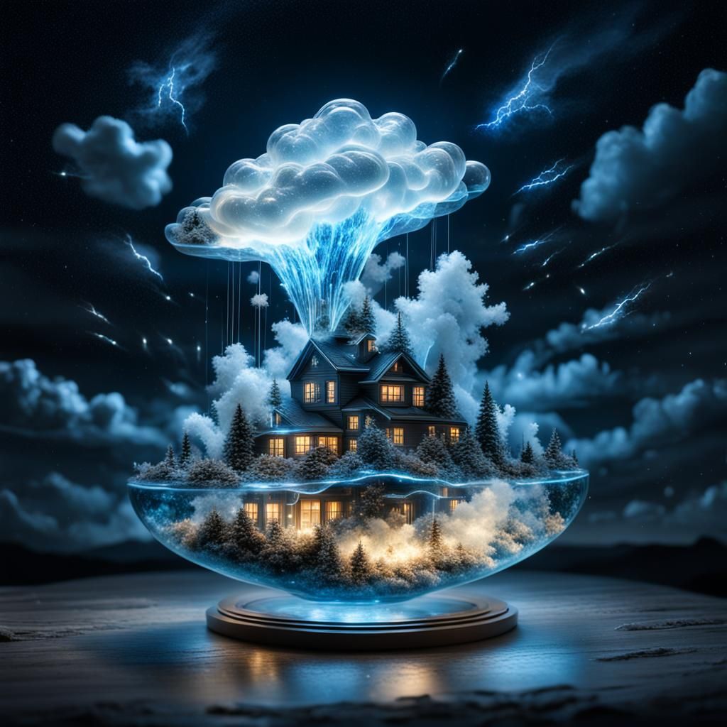 Bioluminescent Lightning in Floating Glass Cloud