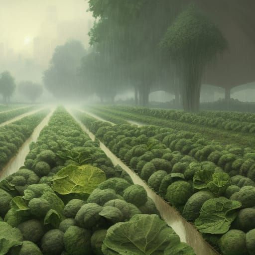 Rainy Cabbage Field: Hyperdetailed Concept Art