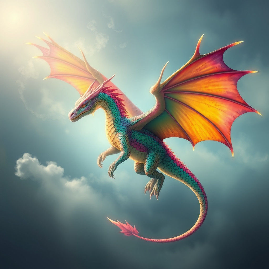 Rainbow Dragon Soaring in Ethereal Sky