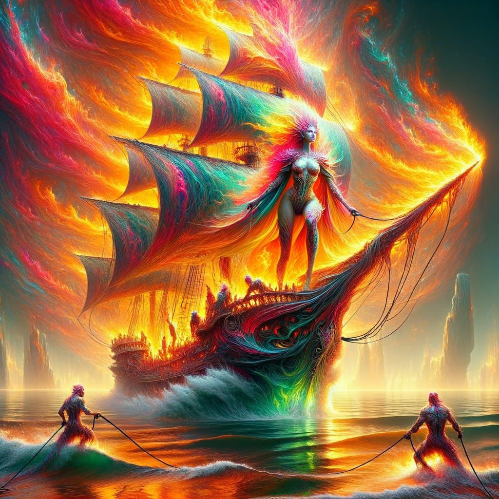 Fiery Fairy Empress Sailing a Flame Ship with Kraken