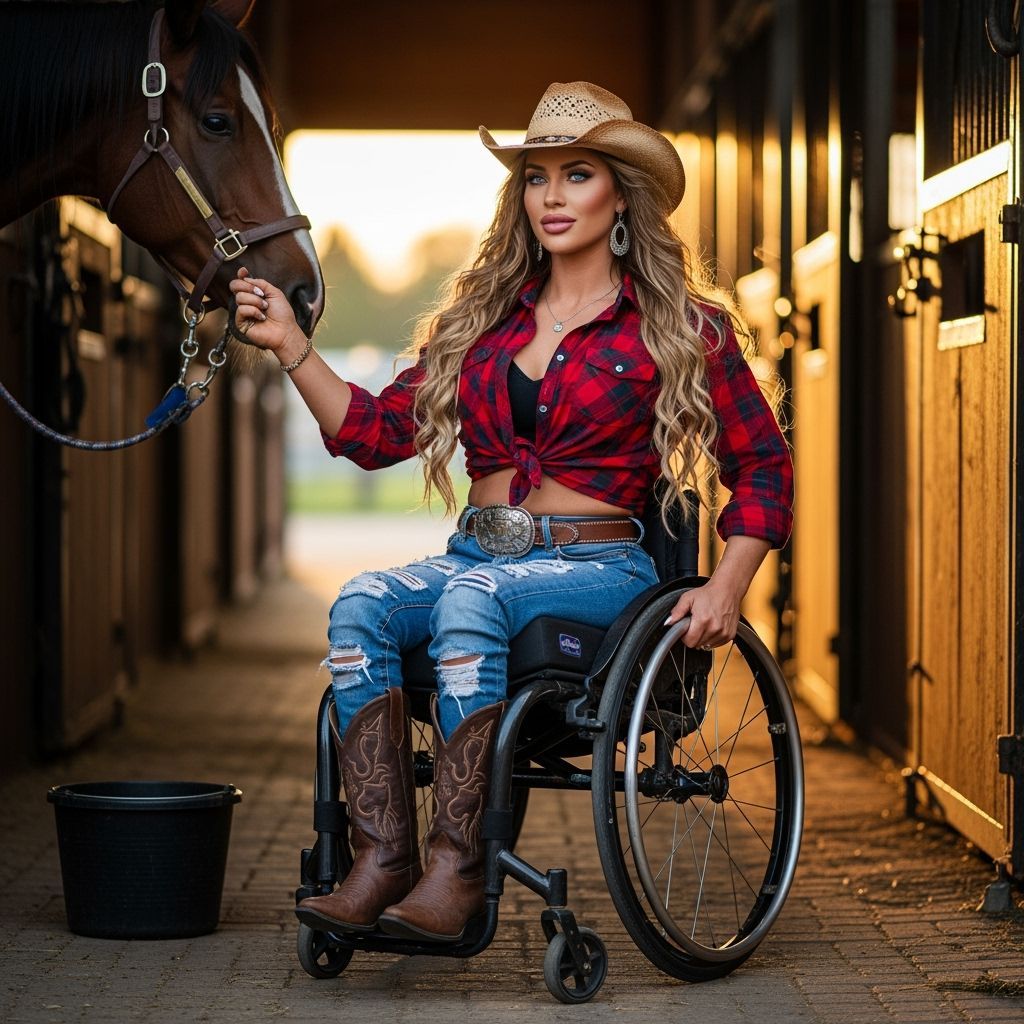 Determined Woman Tends Horse in Golden Hour Stable