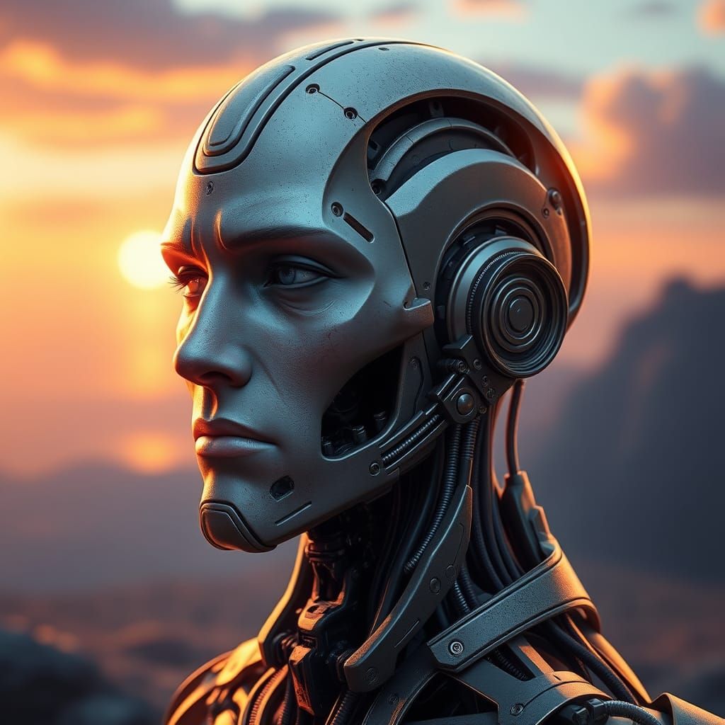 Biomechanical Humanoid in Golden Haze