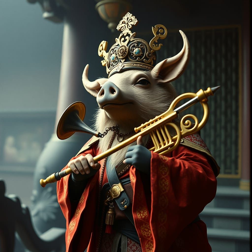 Hog Bard Plays French Horn in Dark Fantasy World