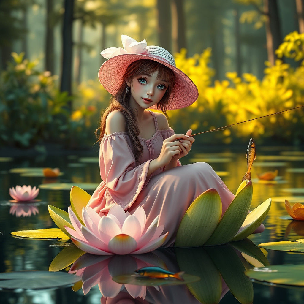 Enchanting Woman Fishing on Water Lily, Fantasy Matte Painti...