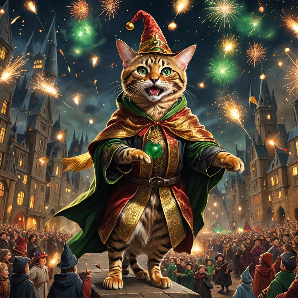 Whimsical Bengal Cat Wizard in Quidditch Arena