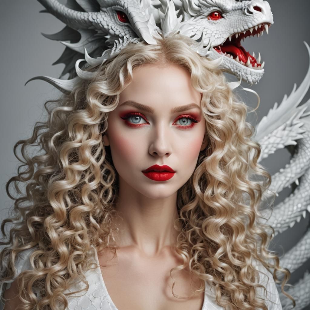 Woman Transforms into White Dragon Portrait