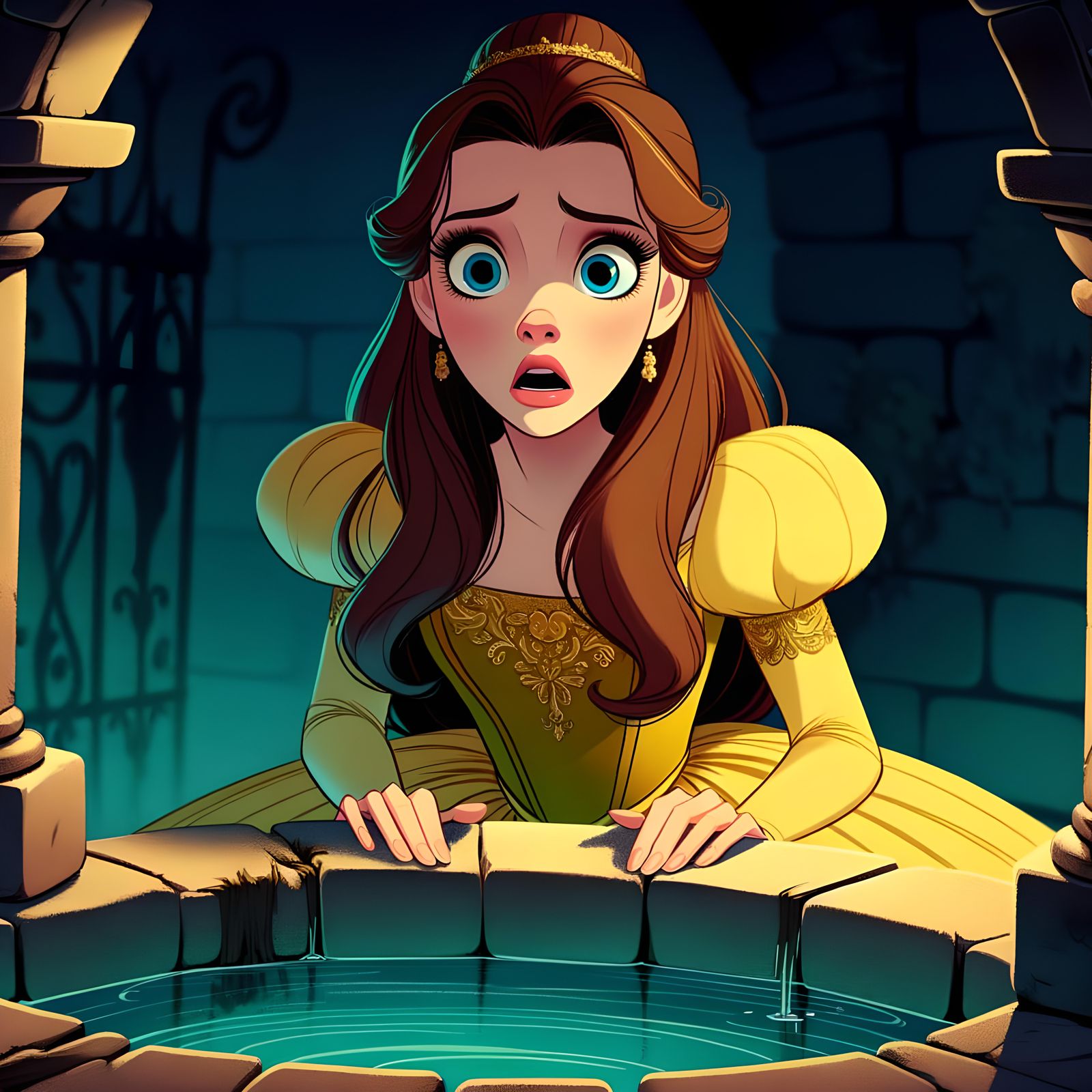 Startled Princess at the Well in Animated Style