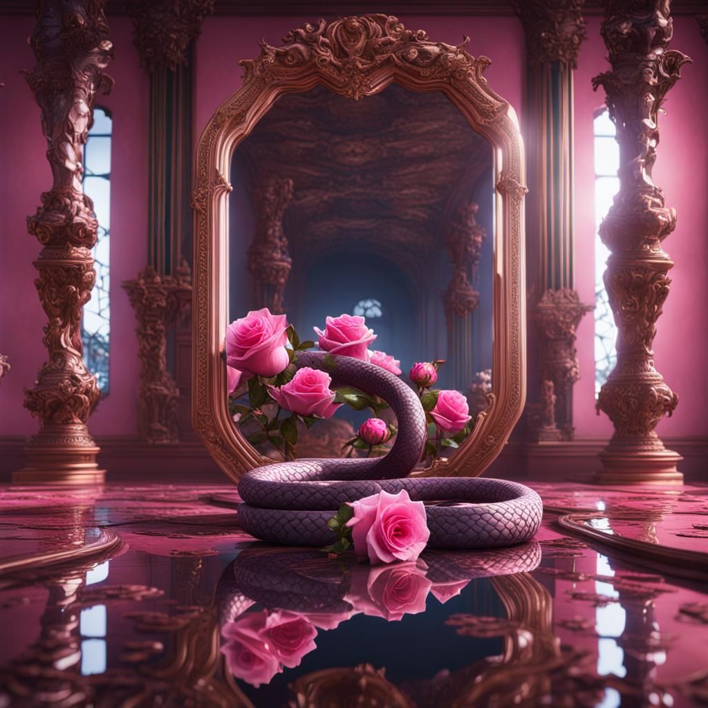 Snake and Rose in Mirrored Room: Fantasy Art