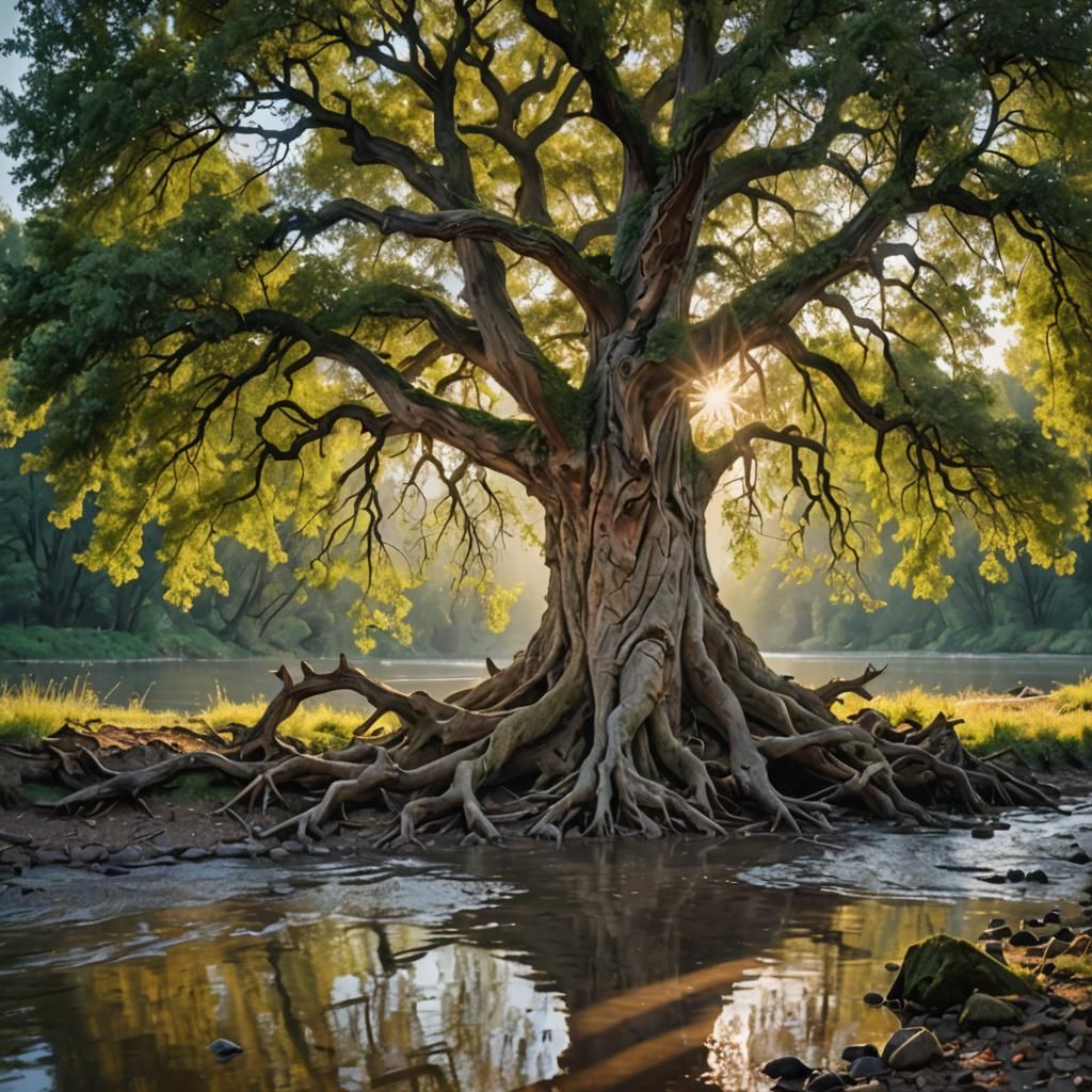 Ancient Tree Clings to Riverbank in Morning Light