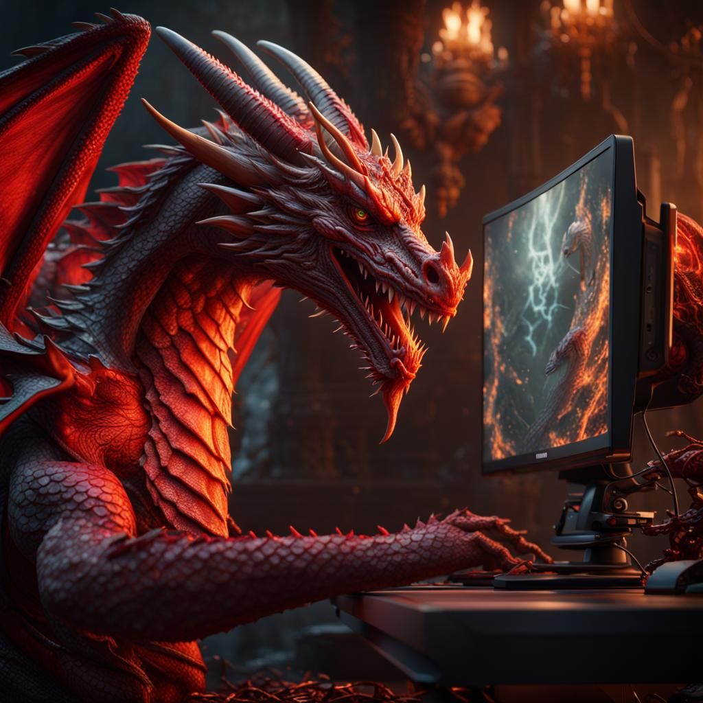 Red Dragon Immersed in Computer Gaming, Detailed Art