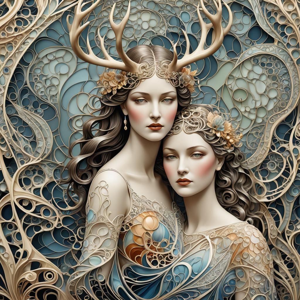 Art Deco Woman and Stag in Lalique Style