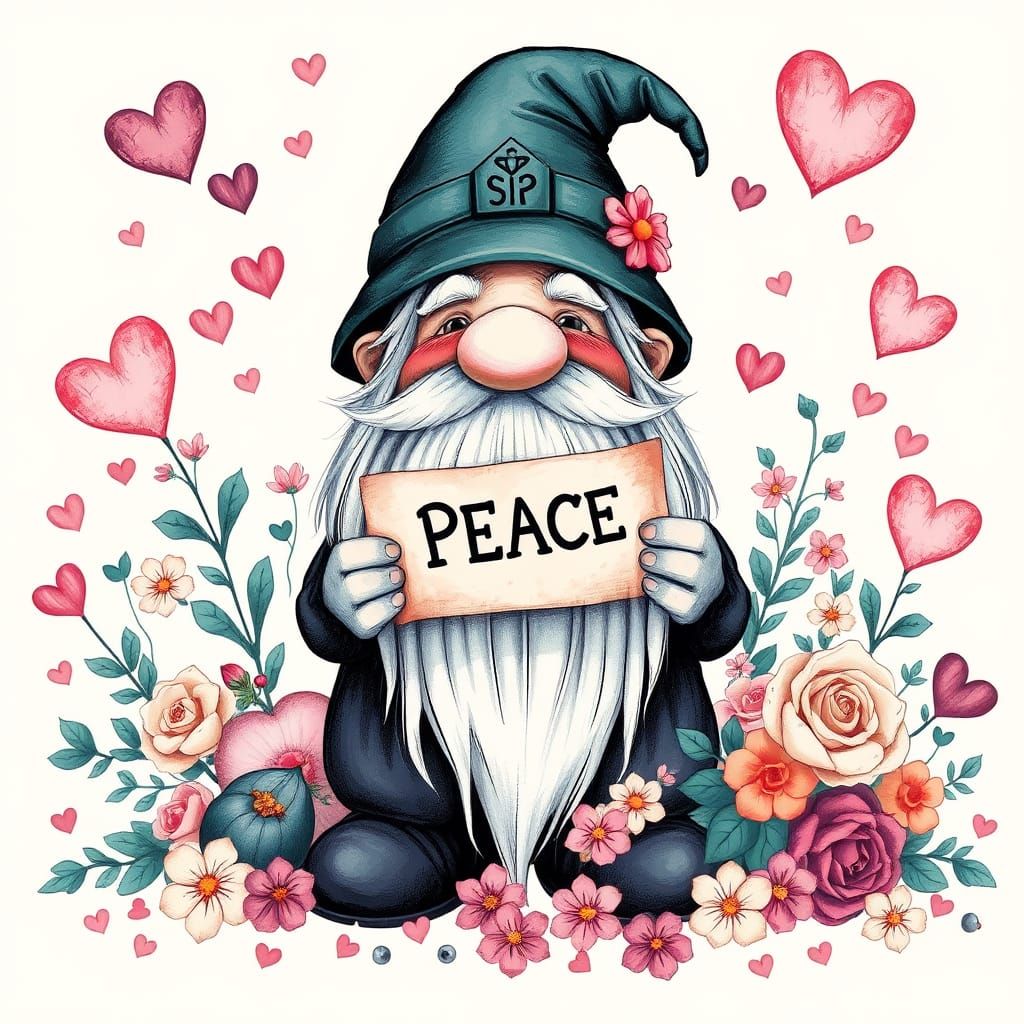 gnome  holding a piece of paper with the word "PEACE"