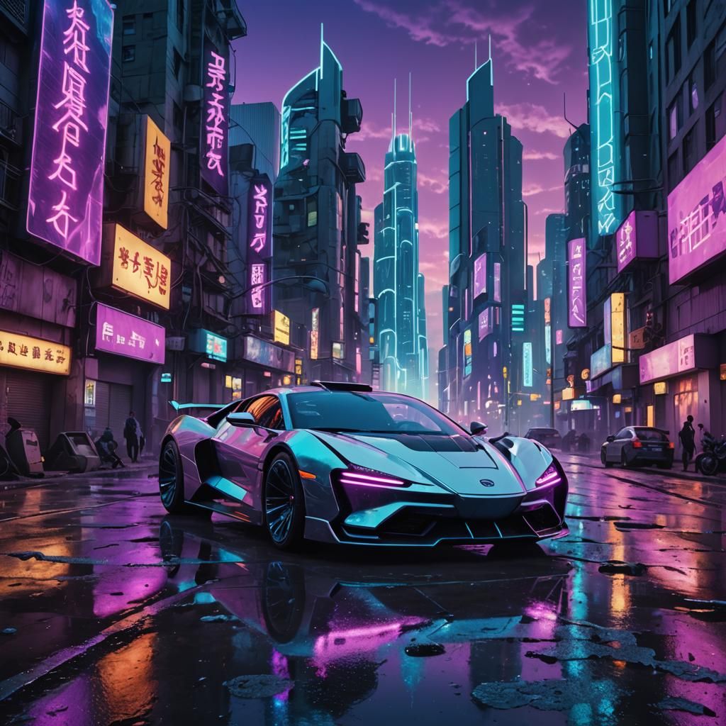 Cyberpunk Supercar Cityscape with Neon Lights