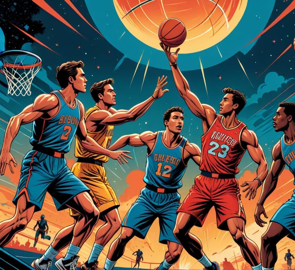 Dynamic Basketball Serigraph in Retro Comic Style