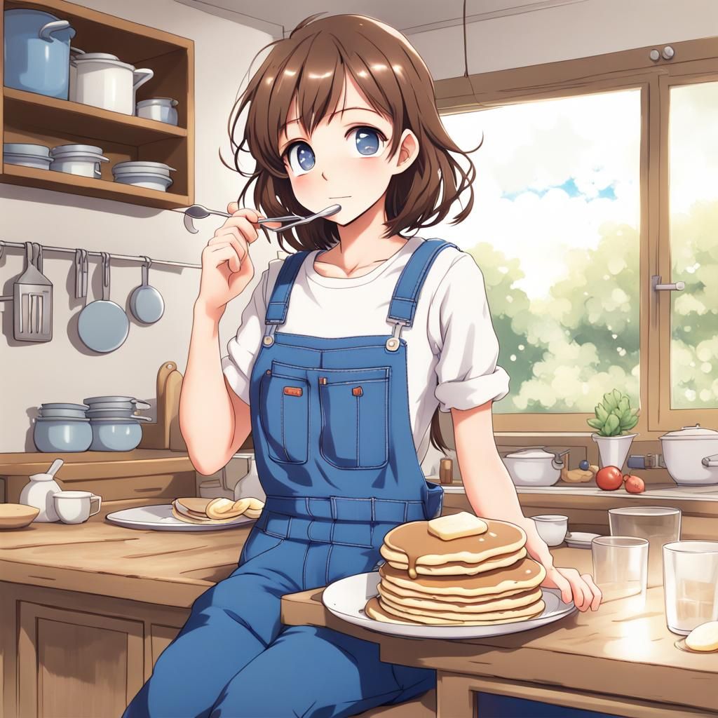 Girl Eating Pancakes in Anime Style