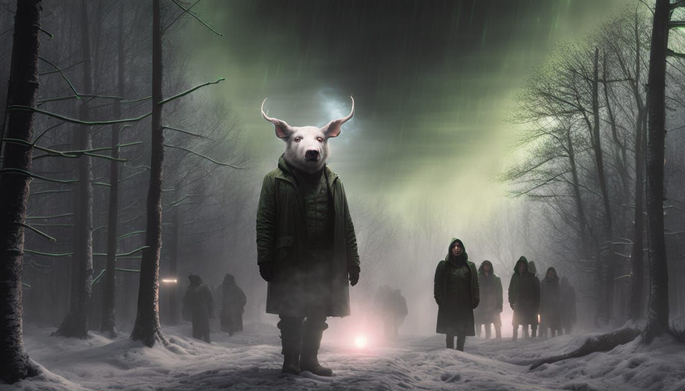 Dystopian Forest with Green Lights in Digital Art Style