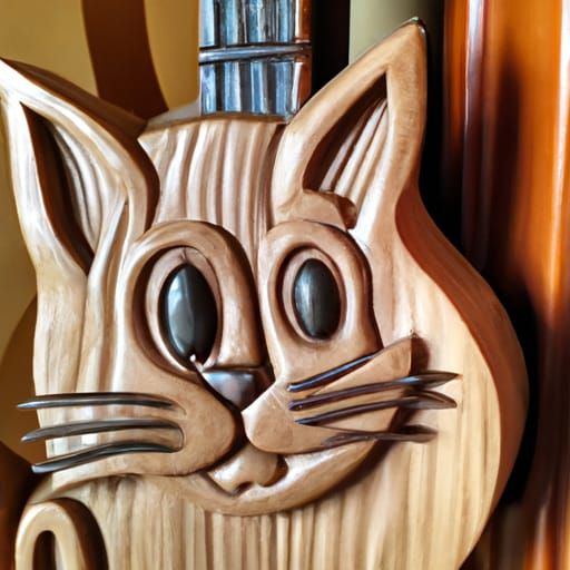 Wooden Carving of a Cat Playing Guitar