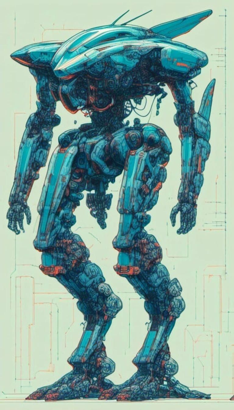 Detailed Line Art Diagram of Sleek Mech Design