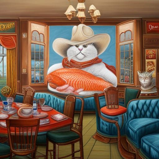 Slugcat in Restaurant Eating Salmon Mignon as Painting