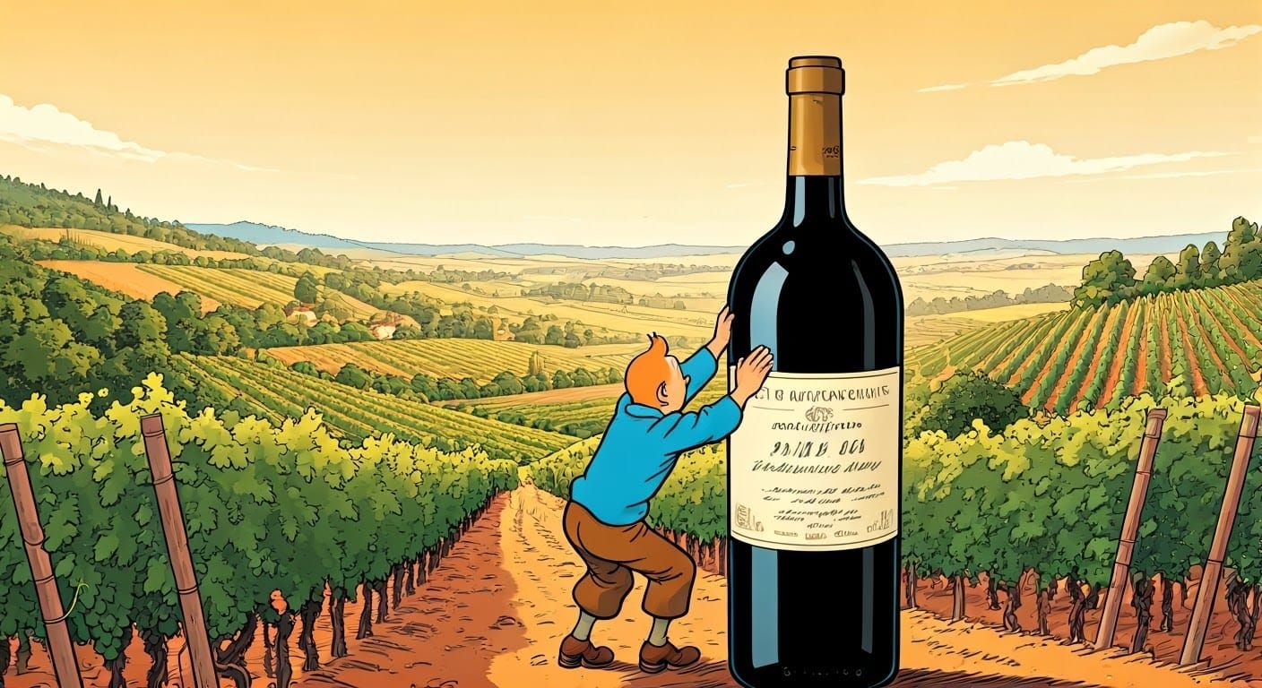 Tintin Climbs a French Wine Bottle in Ligne Claire Style