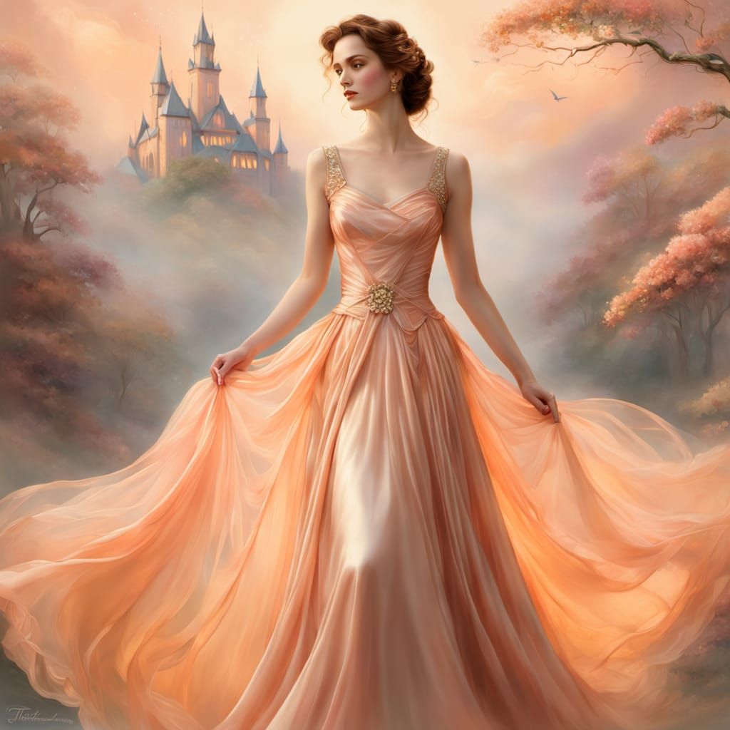 Ethereal Woman in Peach Dress, Kinkade Style