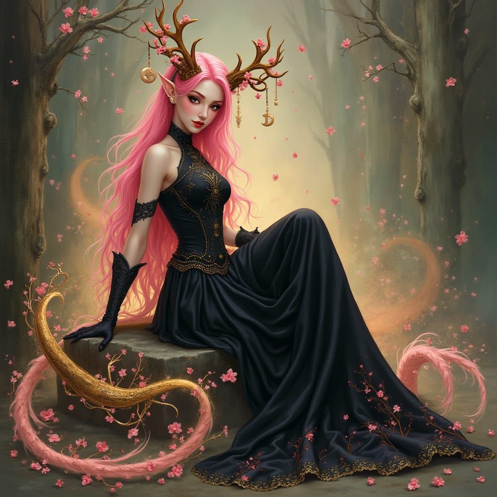 Tiefling Warlock with Cherry Blossoms in Art Nouveau Style