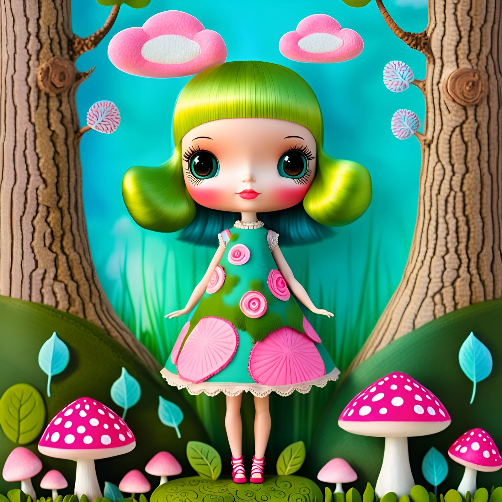 Adorable Blythe Doll in Summer Forest, Art Brut