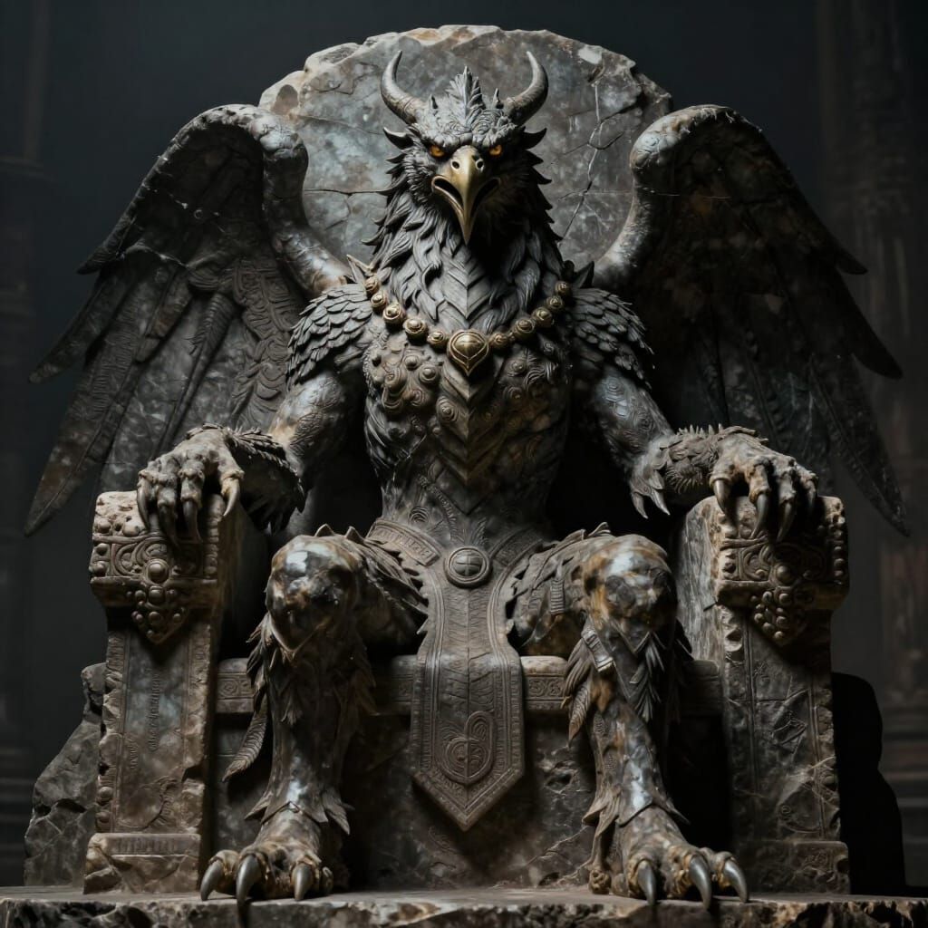 Ancient Evil Griffin on Stone Throne in Dark Fantasy Style
