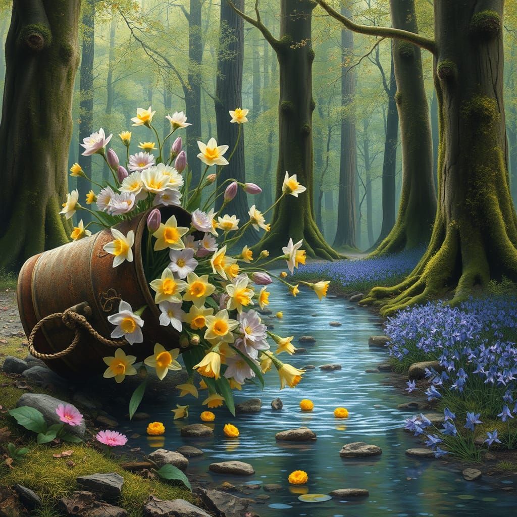 Whimsical Spring Landscape Cascades from Tilted Can