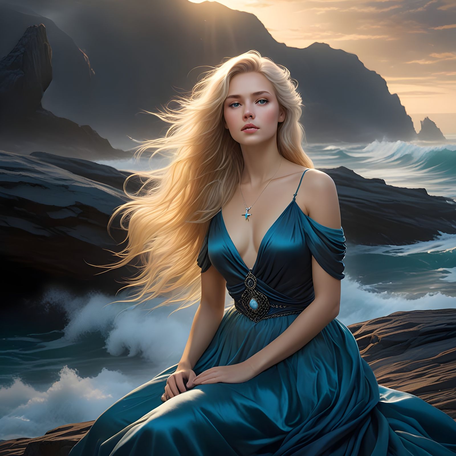 Norse Goddess of Oaths in Dark Seashore Night