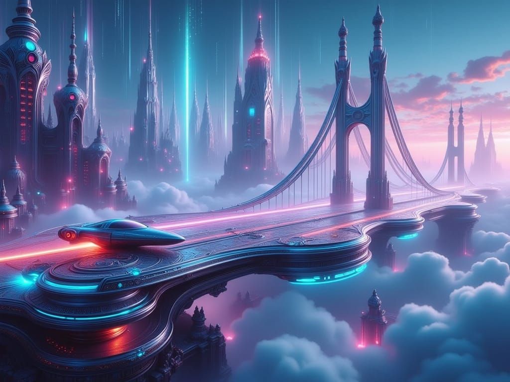 Sleek Futuristic Bridge Connects Neon Skyscrapers in Cyberpu...