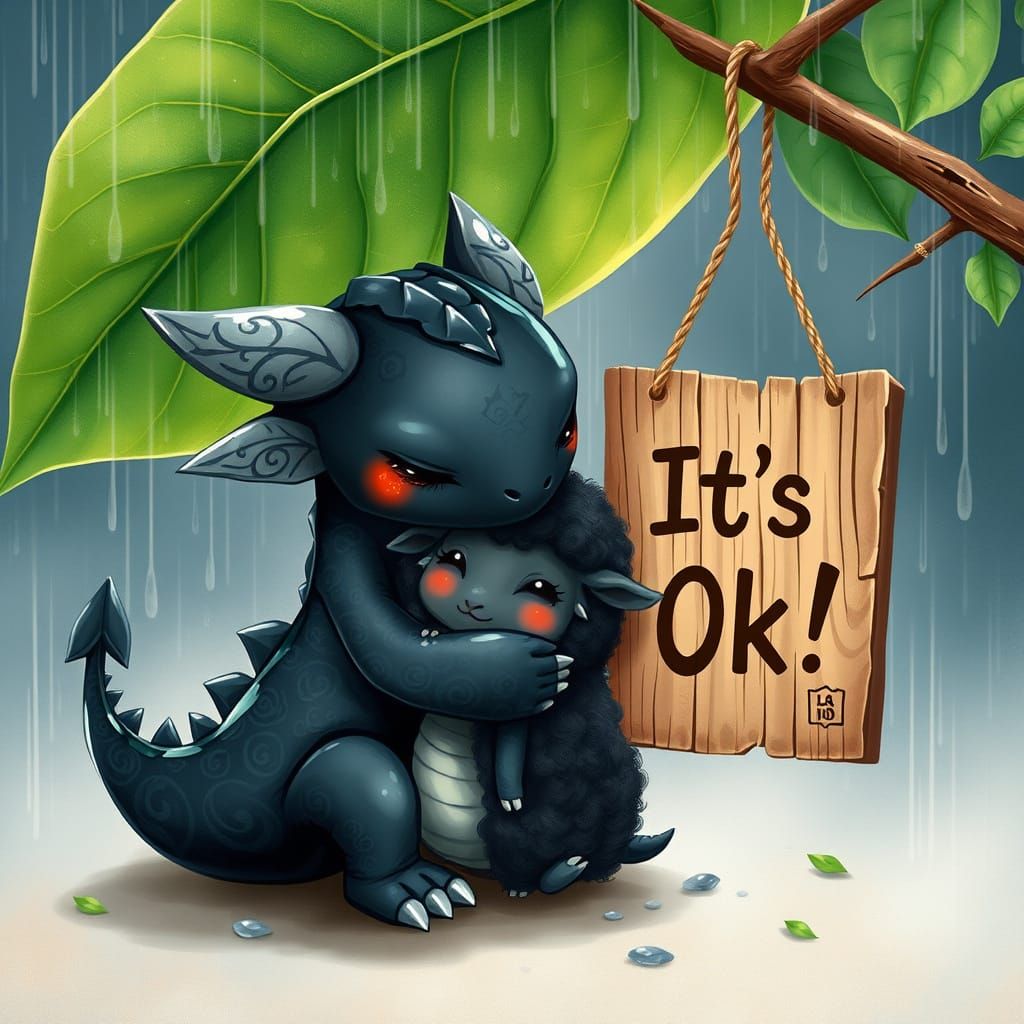Gentle Obsidian Dragon Comforts Tiny Black Sheep Under Vibra...
