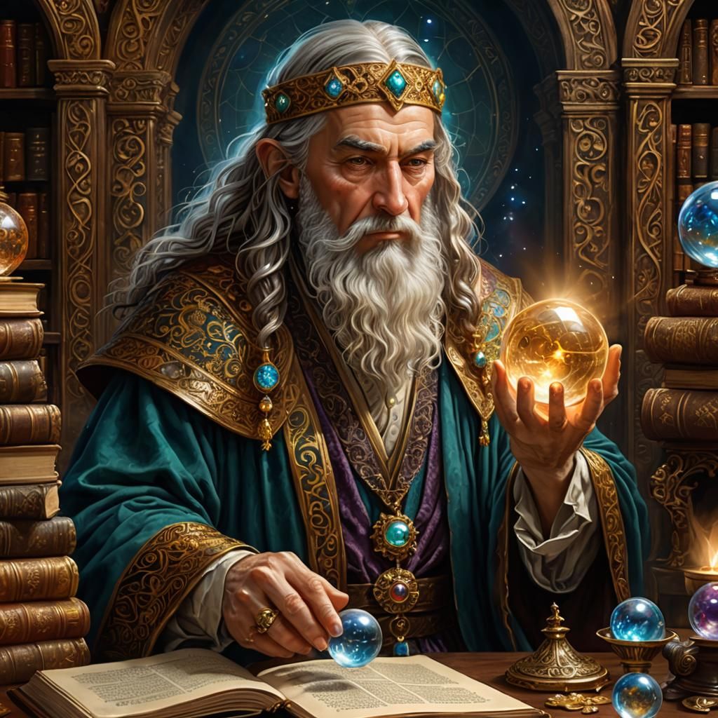 Mystical Wizard Portrait with Crystal Ball, Pre-Raphaelite A...