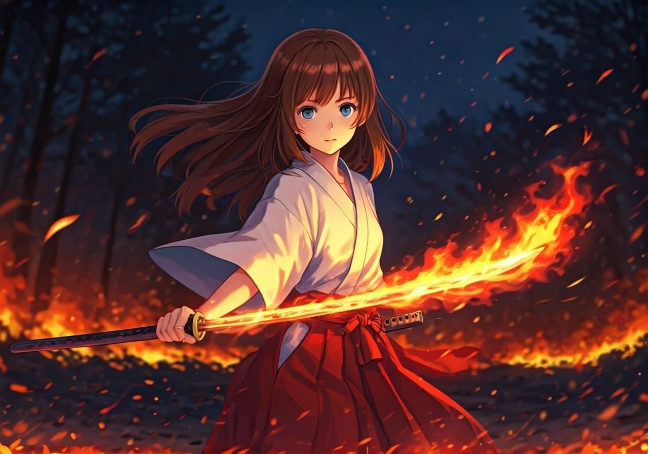 Anime Shrine Maiden with Fire Katana