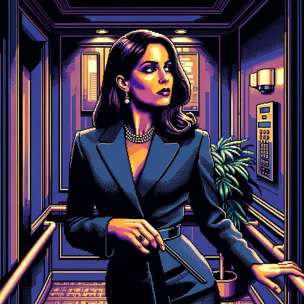 8-Bit Pixel Art: Hispanic Secretary in Elevator