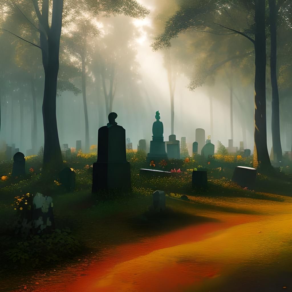 Glass Woman Statue in Graveyard, Pointillism Style