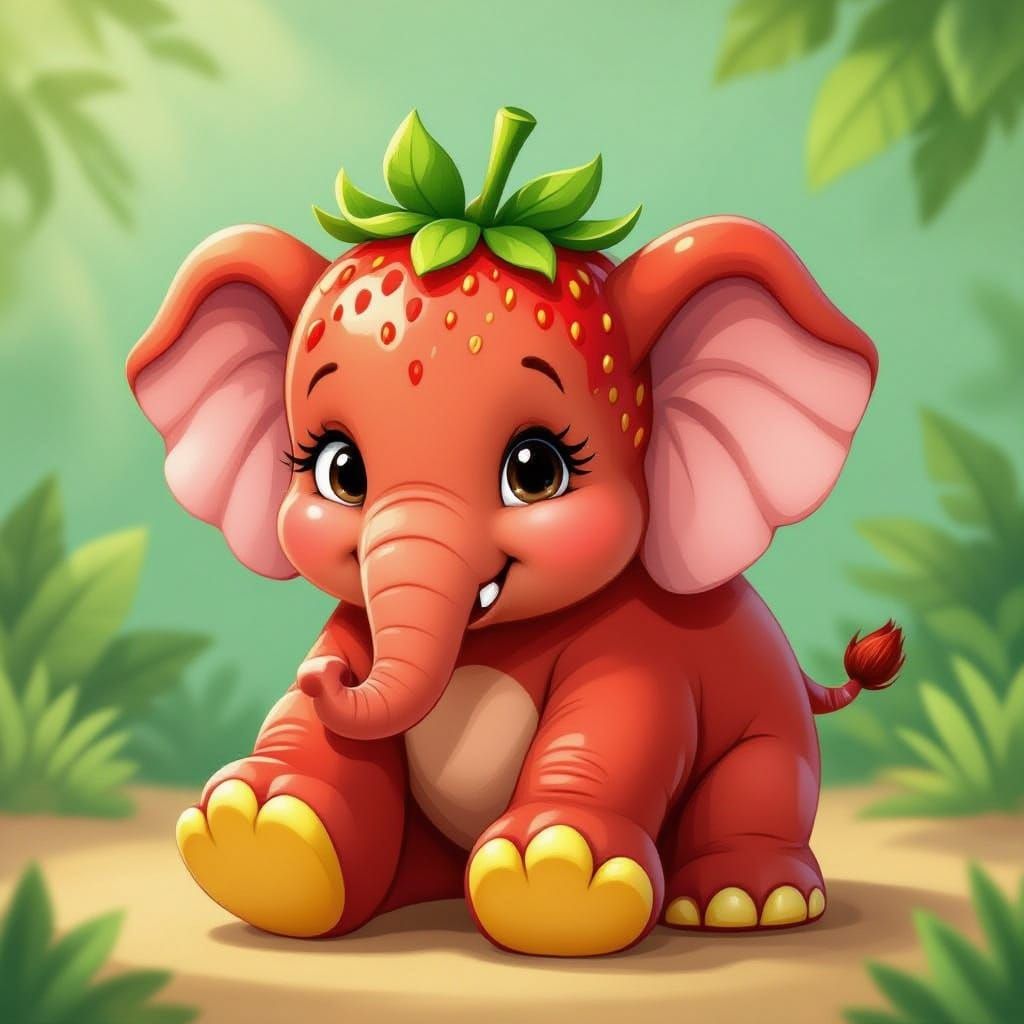 Whimsical Strawberry Elephant with Flippers in Cartoon Style