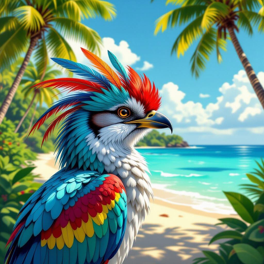 Exotic Bird in Tropical Paradise: Hyperrealistic Art