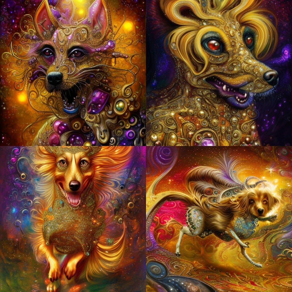 Golden Fractal Dog Running: Digital Oil Painting