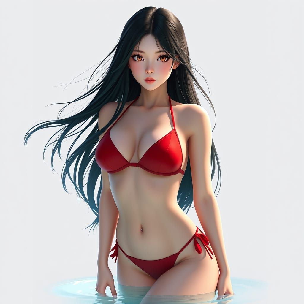 Realistic Asian Woman in Red Bikini