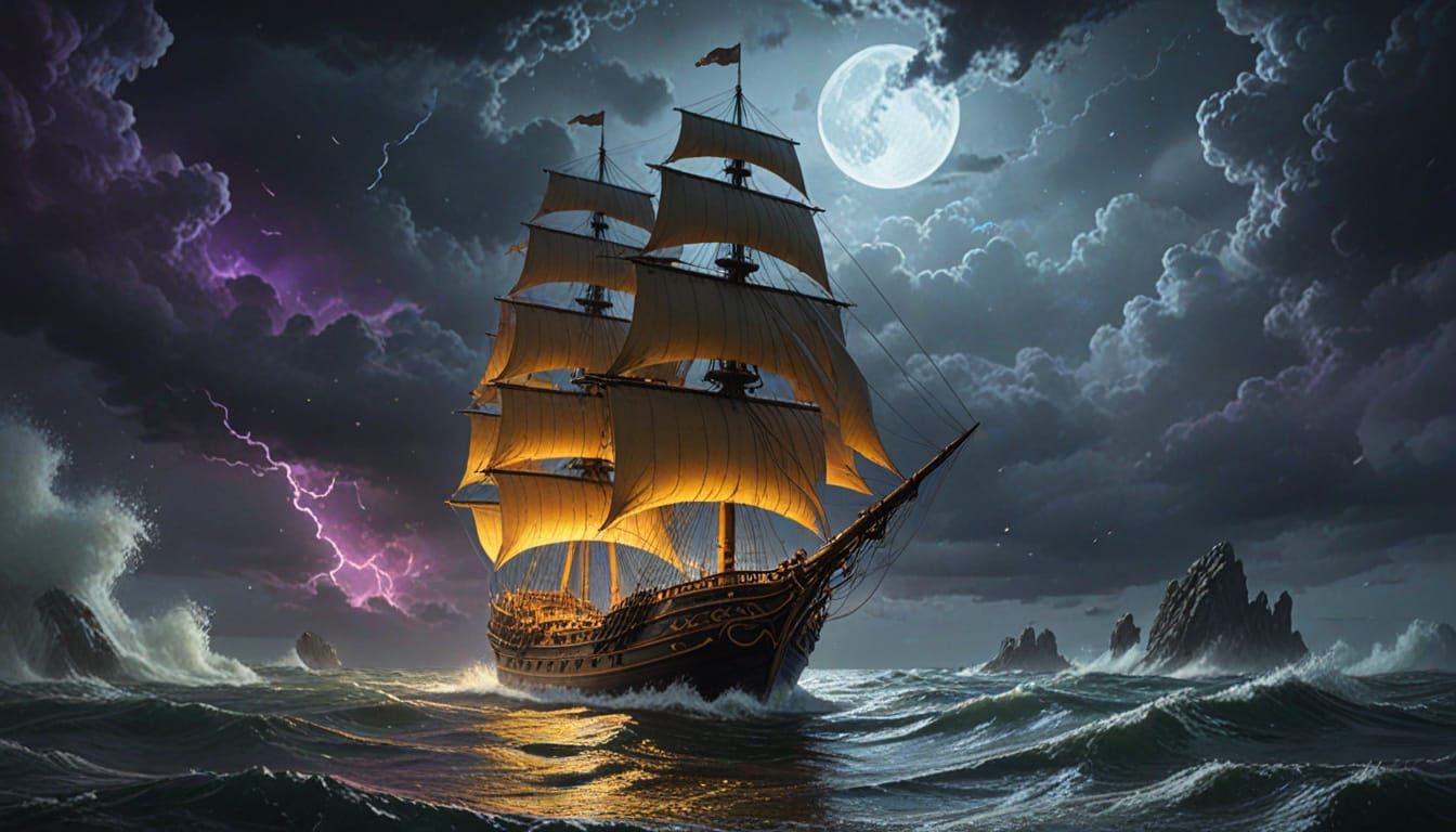 Ethereal Ship Sails Through Stormy Night Sky in Cyberpunk St...