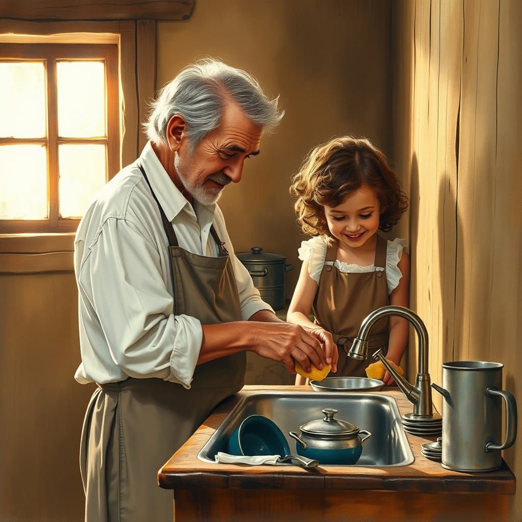 Warm Moment of Intergenerational Bonding in a Rustic Kitchen...