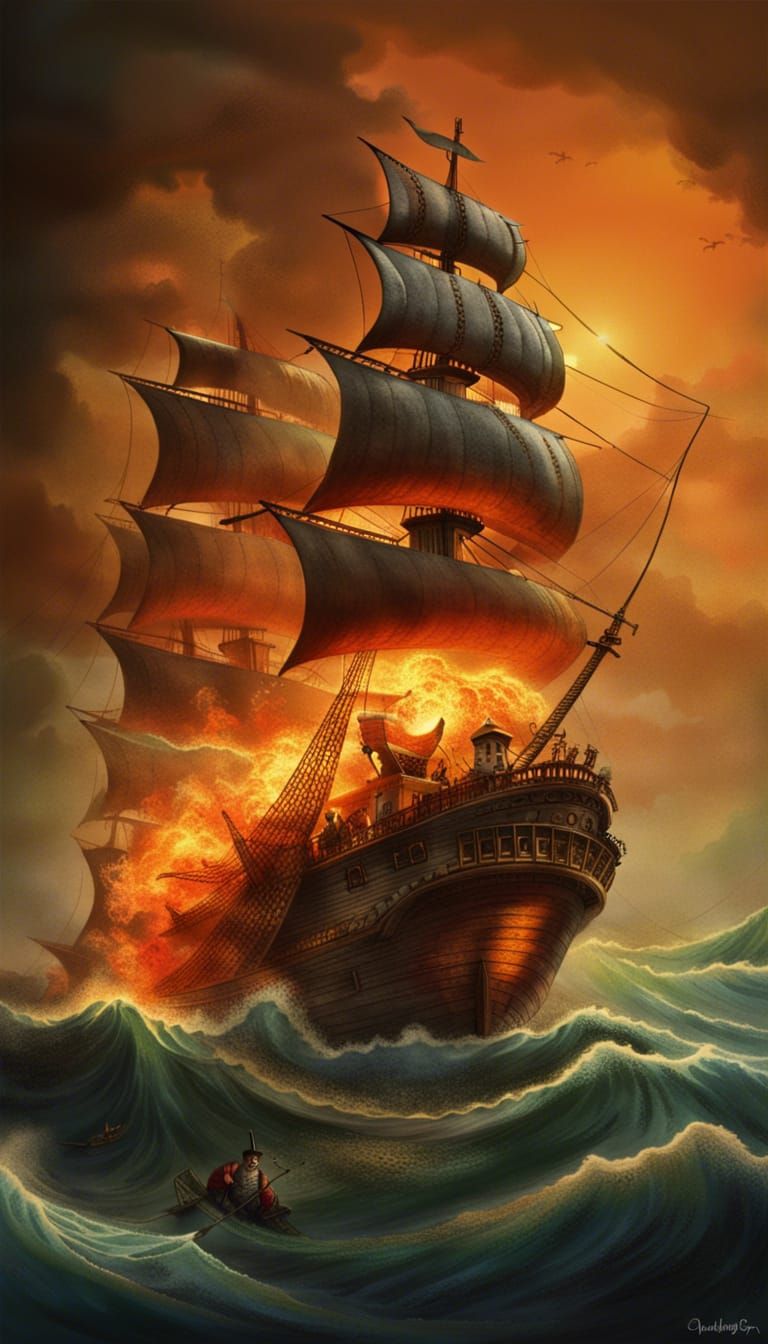 The Flying Dutchman Sailing on a Sea of Fire